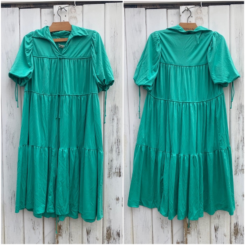 Vintage BOHO Tiered Midi Dress | 70's Short Sleeve Lounge Wear, House Coat Dress